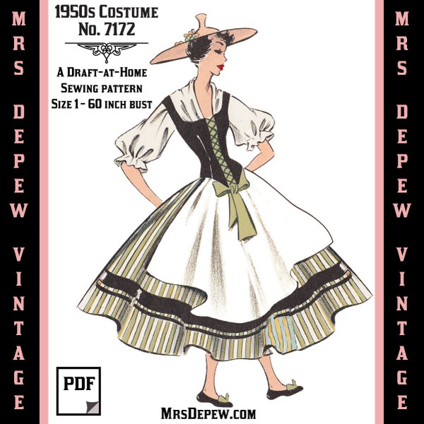 Vintage Sewing Pattern Template & Scale Rulers 1950s Costume Lace-up Bodice, Skirt and Apron -Any Size- 7172 Draft at Home- with PLUS Size