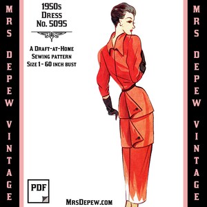 May include: A vintage sewing pattern for a 1950s dress, with a red dress illustration and the text "1950s Dress No. 5095 A Draft-At-Home Sewing Pattern Size 1-60 Inch Bust".