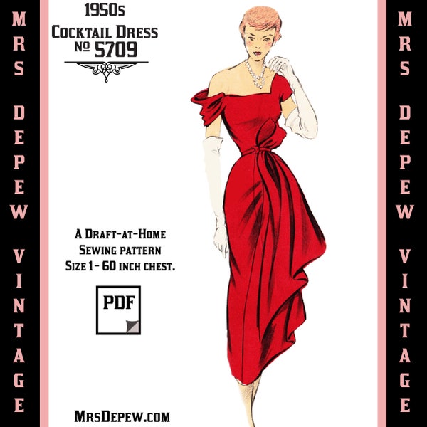 Vintage Sewing Pattern Template & Scale Rulers 1950s Off Shoulder Cocktail Dress in Any Size - PLUS Size Included -  5709 -INSTANT DOWNLOAD-