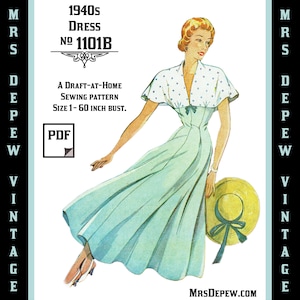 D-A-H Vintage Sewing Pattern Template & Scale Rulers 1940s Dress in Any Size - PLUS Size Included -1101B -INSTANT DOWNLOAD-