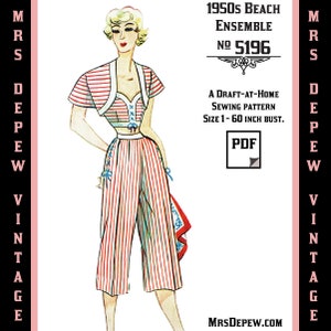 May include: A vintage sewing pattern for a 1950s beach ensemble, featuring a striped cropped top and matching wide-legged trousers. The pattern is labelled "No. 5196" and is a draft-at-home sewing pattern for sizes 1-60 inch bust. The pattern is available as a PDF download from MrsDepew.com.