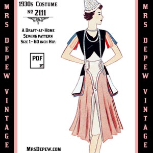 May include: A vintage sewing pattern for a 1930s costume, featuring a black and white dress with a pink skirt and a pair of scissors. The pattern is labeled "1930s Costume No. 2111" and "A Draft-At-Home Sewing Pattern Size 1-60 Inch Hip."