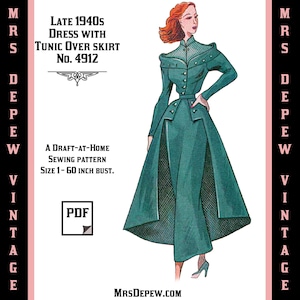 Vintage Sewing Pattern Template & Scale Rulers 1940s Dress with Tunic Overskirt -Any Size #4912 Draft at Home- PLUS Size -INSTANT DOWNLOAD-