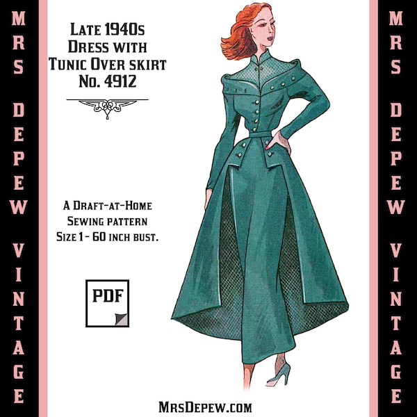 Vintage Sewing Pattern Template & Scale Rulers 1940s Dress with Tunic Overskirt -Any Size #4912 Draft at Home- PLUS Size -INSTANT DOWNLOAD-