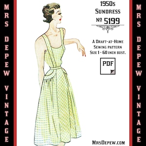 May include: Vintage 1950s sundress sewing pattern illustration. The drawing features a woman in a yellow and white plaid sundress with a fitted bodice and full skirt. The pattern is size 1-60 inch bust. The text reads "MRS DEPEW VINTAGE".