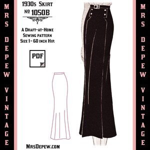 May include: A vintage sewing pattern for a 1930s skirt, labeled "1930s Skirt No. 1050B". The pattern is for a long, fitted skirt with a slight flare at the bottom. The pattern is a draft-at-home sewing pattern, size 1-60 inch hip.