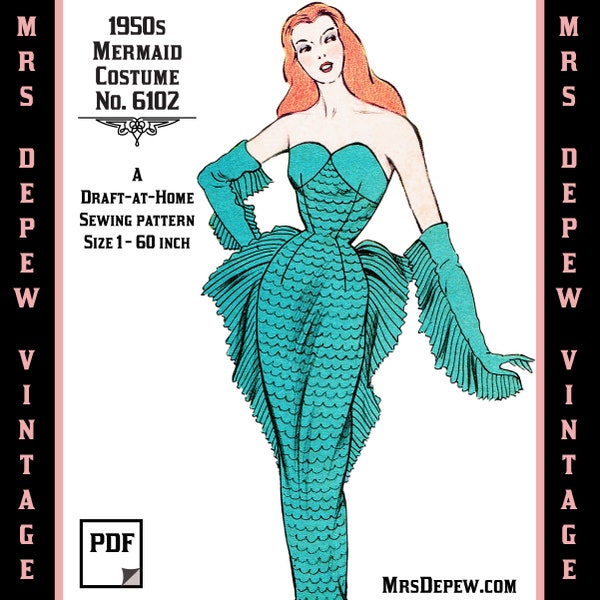 Vintage Sewing Pattern Template & Scale Rulers 1950s Costume Mermaid Siren in Any Size - PLUS Size Included - 6102 -INSTANT DOWNLOAD-