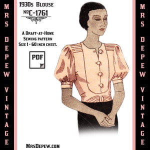 Puede incluir: Un patrón de costura vintage para una blusa de la década de 1930, con un dibujo de una mujer usando la blusa. El patrón es para tallas de 1 a 60 pulgadas de pecho. El patrón se titula "Blusa de los años 30 No. C-1761" y es un "Patrón de costura para hacer en casa".