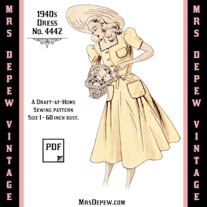 May include: A vintage sewing pattern for a 1940s dress, labeled "No. 4442". The pattern is for a draft-at-home project and is suitable for sizes 1-60 inch bust.