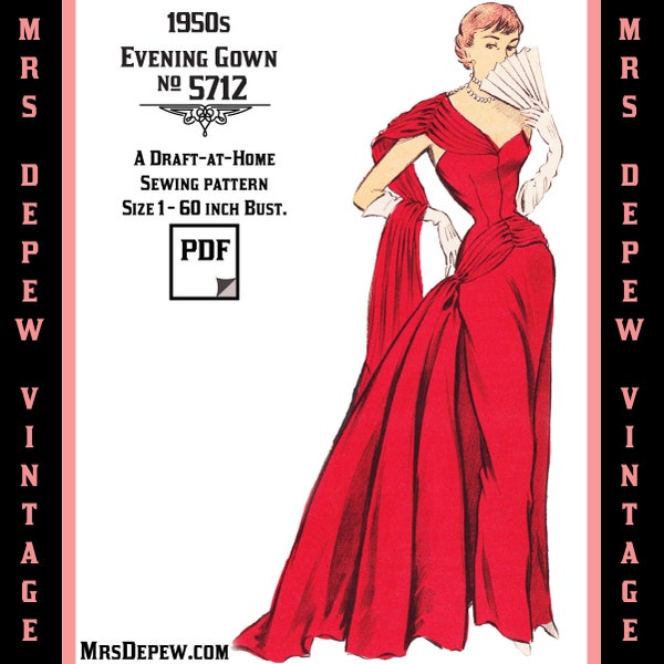 Vintage Sewing Pattern Template & Scale Rulers 1950s Evening Ball Gown in Any Size - PLUS Size Included -  5712 -INSTANT DOWNLOAD-