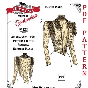 Puede incluir: Un patrón de costura vintage para una cintura vasca, etiquetado como "Mrs. Depew Vintage Couturiere No. 3201." El patrón es para un fabricante de prendas de nivel avanzado e incluye una ilustración detallada de la prenda.