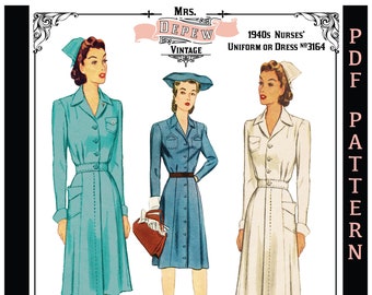 Vintage Sewing Pattern 1940s Nurses' Uniform or Shirtwaist Dress & Cap 32 34 36 38 40 42 44 46 Bust #3164 -INSTANT DOWNLOAD PDF