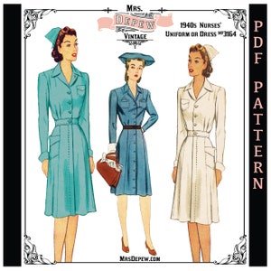 Vintage Sewing Pattern 1940s Nurses' Uniform or Shirtwaist Dress & Cap 32 34 36 38 40 42 44 46 Bust #3164 -INSTANT DOWNLOAD PDF