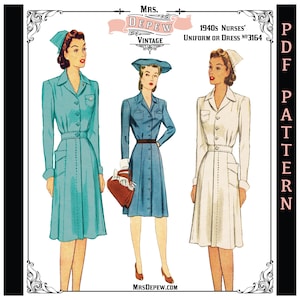 Vintage Sewing Pattern 1940s Nurses' Uniform or Shirtwaist Dress & Cap 32 34 36 38 40 42 44 46 Bust #3164 -INSTANT DOWNLOAD PDF