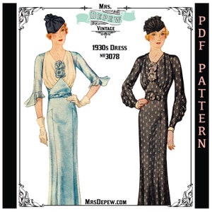 Vintage Sewing Pattern Ladies&#39; 1930s Dress with 3 Different Novelty Sleeve Options #3078 -INSTANT DOWNLOAD PDF