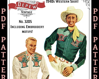 Menswear Vintage Sewing Pattern 1940s Men's Western Shirt with Embroidery Motifs #3205 -INSTANT DOWNLOAD