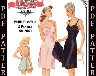 Vintage Sewing Pattern 1940s Bias-Cut Slip and Panties Depew #2043 Multisize 32-50 Inch Bust -INSTANT DOWNLOAD