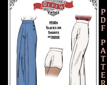 Wide Leg Trousers Vintage Sewing Pattern 1930s 1940s Slacks and Shorts #3101B 25-45" Waist - INSTANT DOWNLOAD PDF