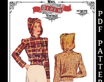 Vintage Sewing Pattern Ladies&#39; 1940s Windbreaker Jacket with Detachable Hood #3079 32-46&quot; Bust- INSTANT DOWNLOAD