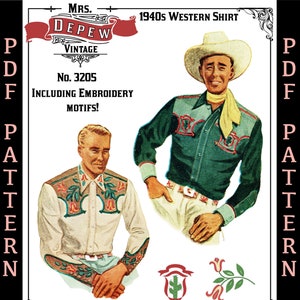 Menswear Vintage Sewing Pattern 1940s Men&#39;s Western Shirt with Embroidery Motifs #3205 -INSTANT DOWNLOAD