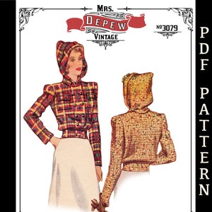Vintage Sewing Pattern Ladies&#39; 1940s Windbreaker Jacket with Detachable Hood #3079 32-46&quot; Bust- INSTANT DOWNLOAD