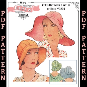 Puede incluir: Un patrón de costura vintage para un sombrero de los años 30 con dos estilos de ala. El patrón está ilustrado con dos mujeres que llevan los sombreros. El patrón se titula "Sombrero de los años 30 con 2 estilos de ala N° 3204".