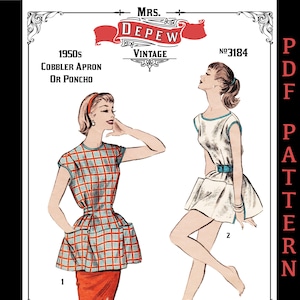 Puede incluir: Patrón de costura vintage para un delantal o poncho de panadero de la década de 1950. El patrón incluye dos ilustraciones de mujeres que llevan la prenda. El número del patrón es 3184.
