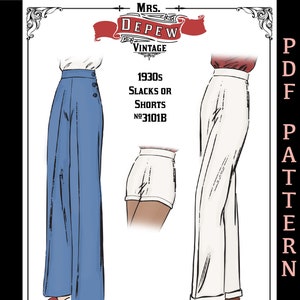 Wide Leg Trousers Vintage Sewing Pattern 1930s 1940s Slacks and Shorts #3101B 25-45" Waist - INSTANT DOWNLOAD PDF