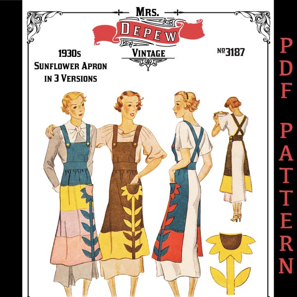 Vintage Sewing Pattern 1930s Ladies' Aprons With Sunflower Applique Pocket #3187 - INSTANT DOWNLOAD