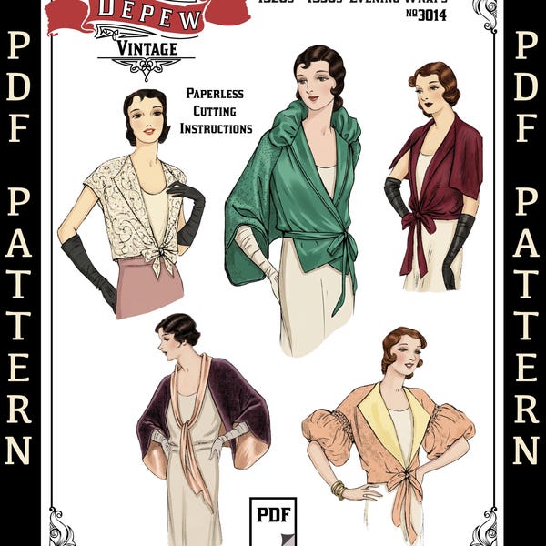 1930s Vintage Sewing Pattern Evening Wraps or Jackets in 5 Styles E-book #3014 -INSTANT DOWNLOAD