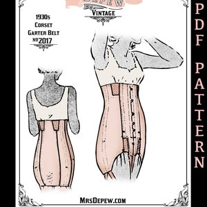 Vintage Sewing Pattern French 1930s Pin Up Corset and Garter Belt #2017 25-45 Inch Waist -INSTANT DOWNLOAD PDF-