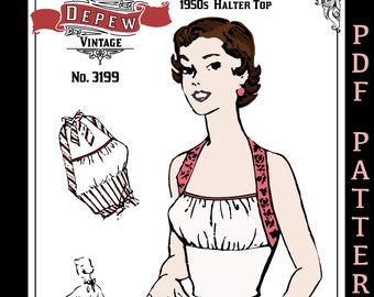 Vintage Sewing Pattern 1950s Halter Top Blouse & Embroidery Transfer Depew 3199- Instant Download PDF