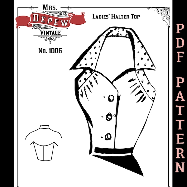 Vintage Sewing Pattern Ladies' 1950s Halter Top Blouse PDF Depew 1006 -INSTANT DOWNLOAD-