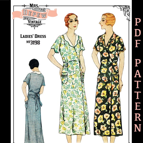 Vintage Sewing Pattern 1930s Ladies Hooverette House Dress #3198 - INSTANT DOWNLOAD