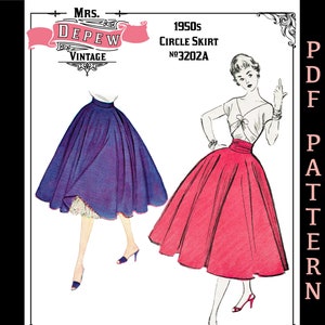 25-43” Waist Vintage Sewing Pattern Ladies&#39; 1950s Easy to Sew Circle Skirt #3202A- Instant Download PDF