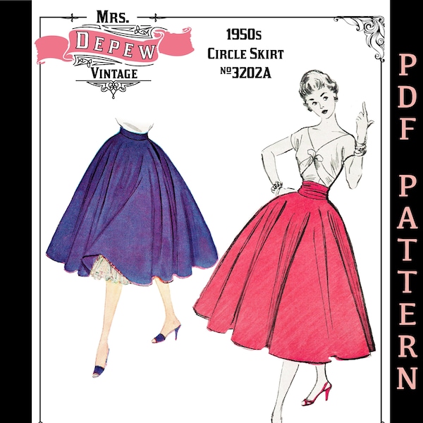 25-43” Waist Vintage Sewing Pattern Ladies' 1950s Easy to Sew Circle Skirt #3202A- Instant Download PDF