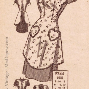May include: Vintage sewing pattern illustration featuring a dress with heart-shaped pockets and floral print. The image includes multiple dress variations and size details: S-14, 16, M-18, 20, L-40, 42. The text "Mrs. Depew Vintage - MrsDepew.com" is also visible.