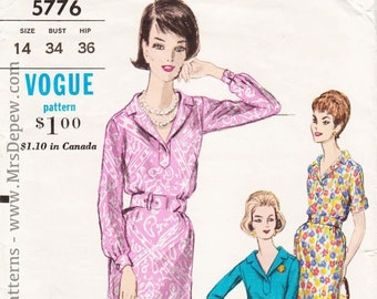 Vintage Sewing Pattern Ladies' Shirtwaist Dress 1960s Vogue 5776 34" Bust