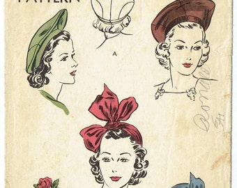 Rare Vintage Sewing Pattern Ladies' Beret & Turban 1940s Vogue 8873 22" Head Size