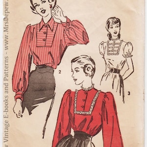 1940s Vintage Sewing Pattern Misses' Blouses Advance 4792 30" Bust