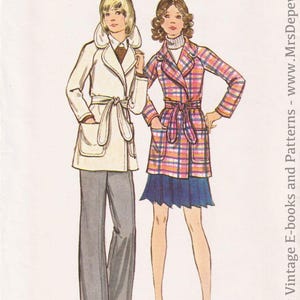 May include: A Butterick 6528 sewing pattern envelope featuring illustrations of two belted jackets. One jacket is solid cream with a collar, worn over grey trousers. The other is a multi-colored plaid jacket with a collar, worn over a blue pleated skirt.