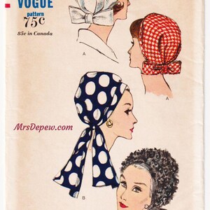 May include: A vintage Vogue sewing pattern envelope numbered 6410 for a head size of 22 inches. The illustration displays four head covering styles: a solid white headscarf with a bow, a red and white checkered headscarf, a blue and white polka dot headscarf with long ties, and a dark textured head covering with a bow.