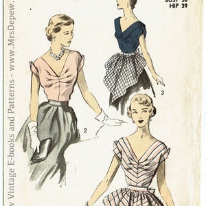 Puede incluir: Patrón de costura vintage "Advance" con ilustraciones de tops y faldas para mujer. El patrón es de talla 18, con un contorno de busto de 91 cm y un contorno de cadera de 99 cm. La imagen tiene un estilo retro.