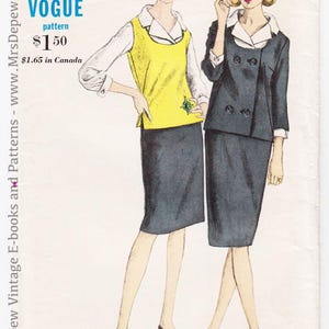 Patrón de costura vintage para traje, blusa y jubón de mujer, años 60, Vogue 6130, busto de 81 cm imagen 1