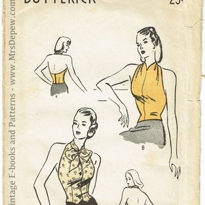 Original Vintage Sewing Pattern 1940s Ladies' Simple to Make Halter Top Blouses and Dickeys Butterick 3858