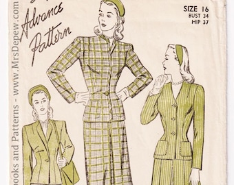 Vintage Sewing Pattern 1940s Ladies' Two Piece Suit Advance 3957 34" Bust