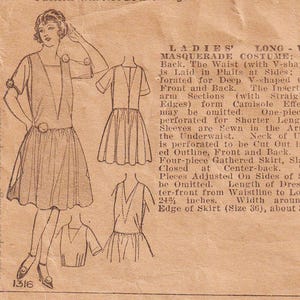 May include: Vintage sewing pattern for a ladies' long-waisted masquerade costume. The pattern includes a dress with a V-shaped neckline, gathered skirt, and short sleeves. The dress length is 24.25 inches from the waistline to the lower edge. The pattern is from the Pictorial Review Pattern company.