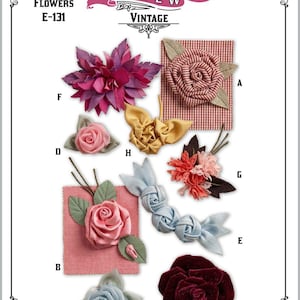 May include: An assortment of fabric flowers in diverse designs, including roses and layered petal styles. The image showcases a range of colours, such as pink, red, blue, and gold. The text "MRS. DEPEW VINTAGE" is displayed at the top. The website address MRSDEPEW.COM is at the bottom.