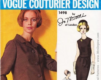 Vogue Couturier Design Jo Mattli Vintage Sewing Pattern Ladies' Dress 1960s Vogue 1498 in 32" Bust