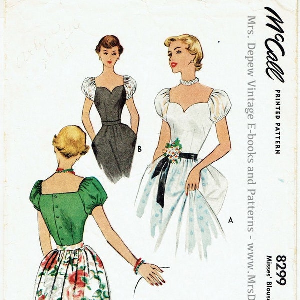 Vintage Sewing Pattern Ladies' Sweetheart Neckline Puffed Sleeve Blouse 1950s McCall 8299 34" Bust